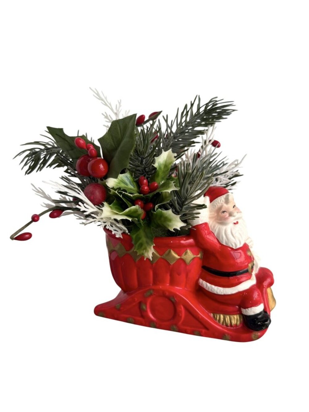 Vintage Inarco Ceramic Waving Santa in Sleigh Planter 5" Christmas Japan